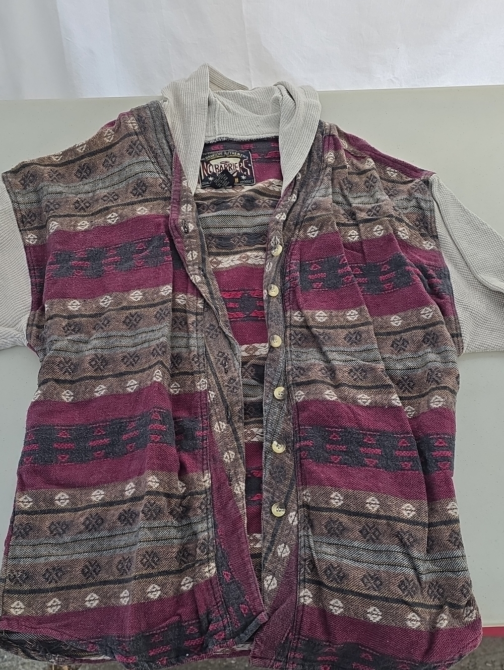 Southwestern Pattern Button-Front Vest - Burgundy, Brown, Gray
